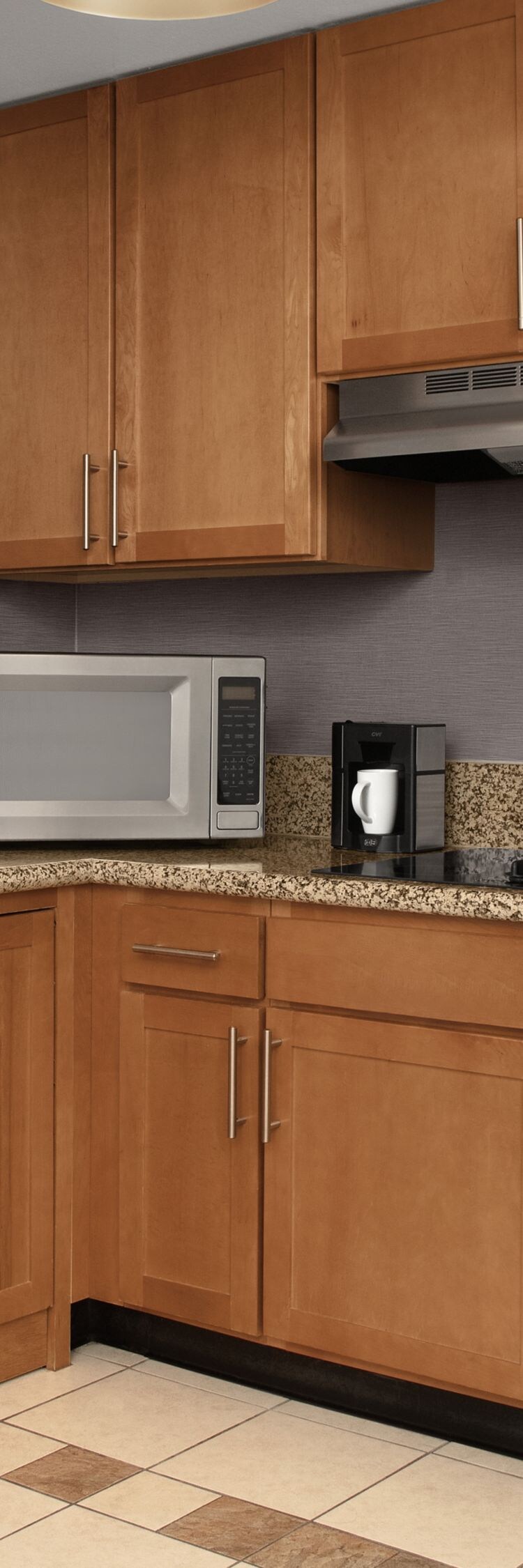 Kitchen with dishwasher, fridge, microwave