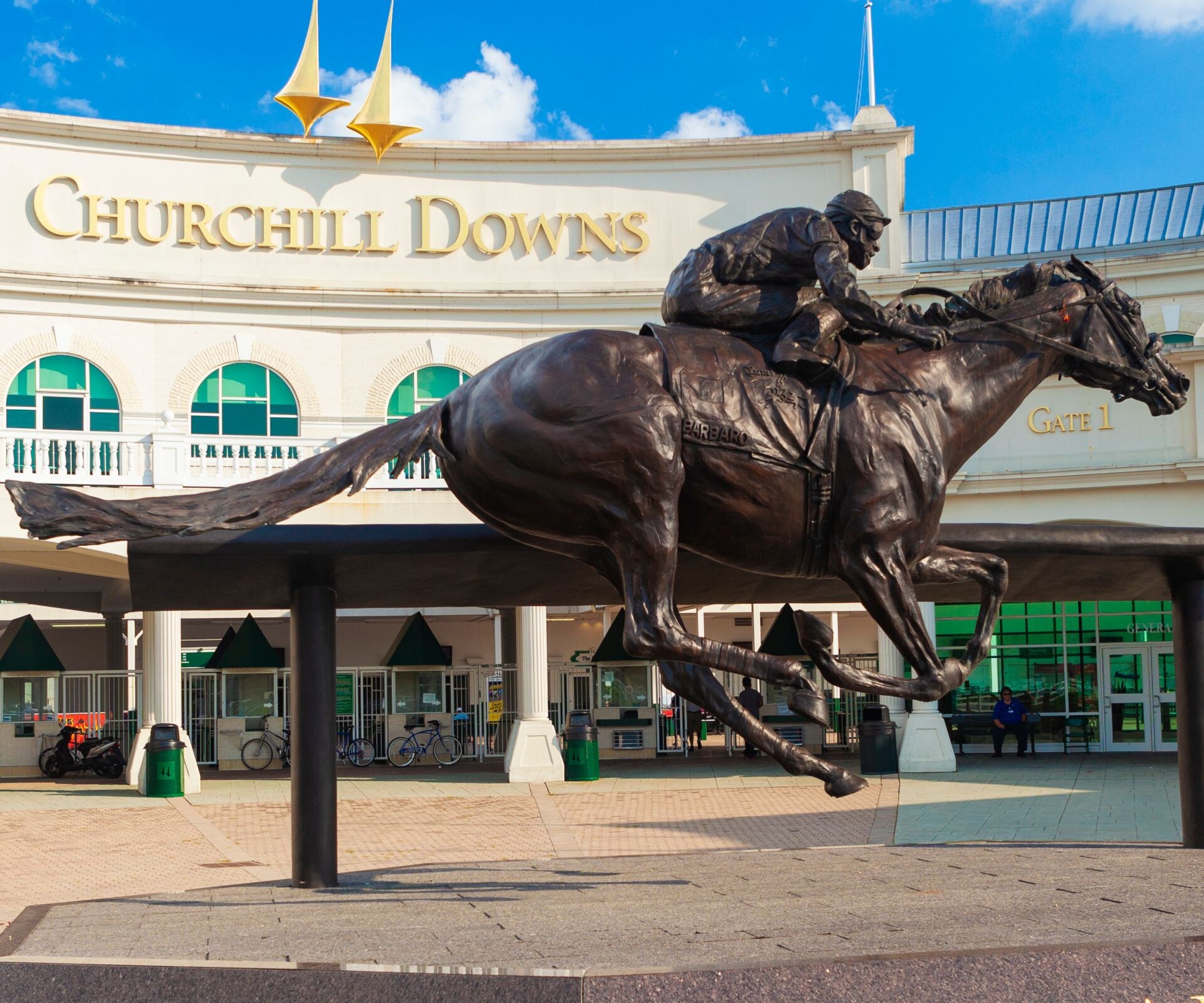 Exterior of Churchill Downs with statute