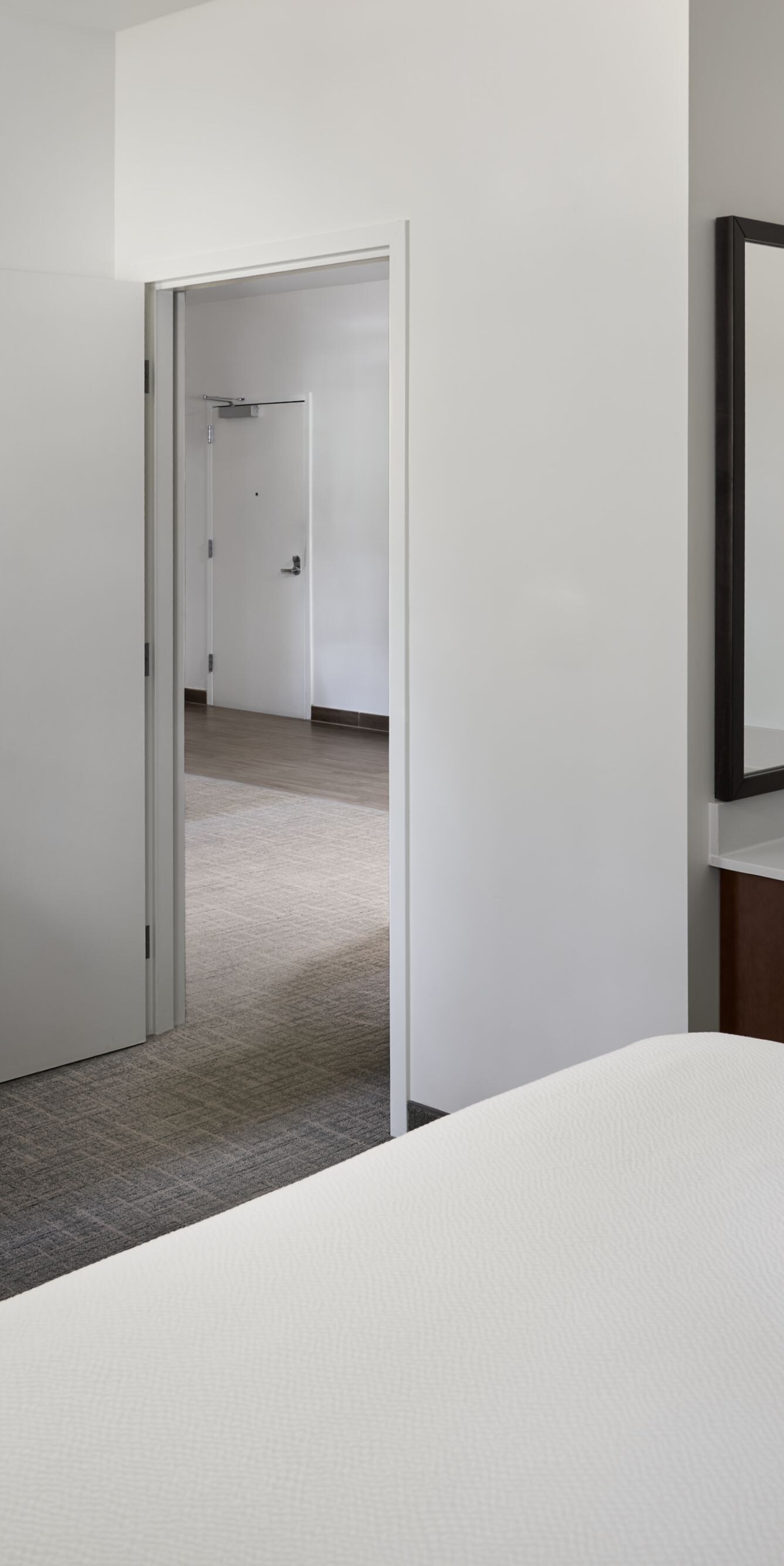 Suite bedroom with TV and adjoining vanity area