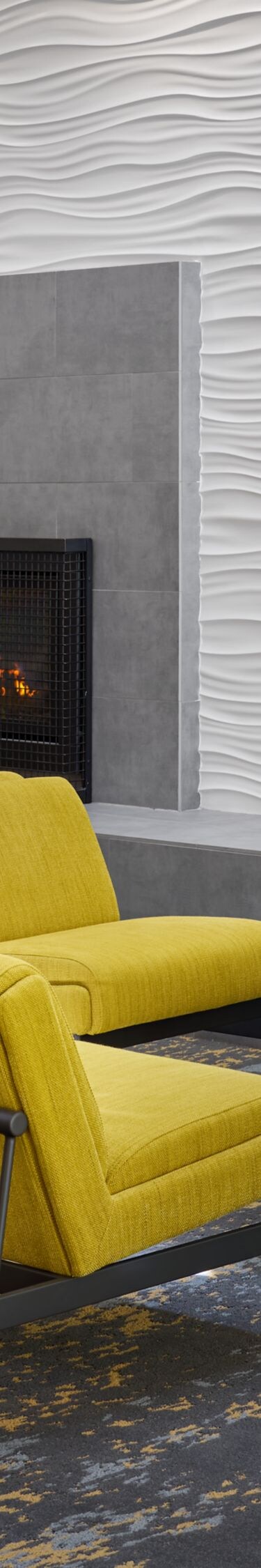 Modern lobby seating with fireplace