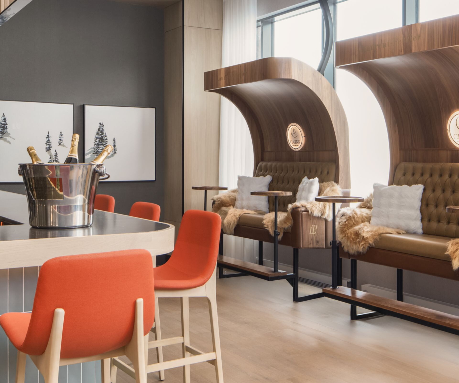 Hotel bar with seating and lighting