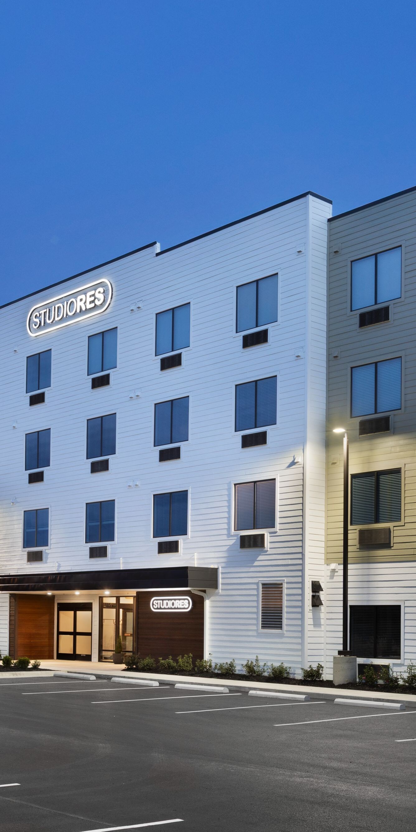 Apartment building exterior in evening