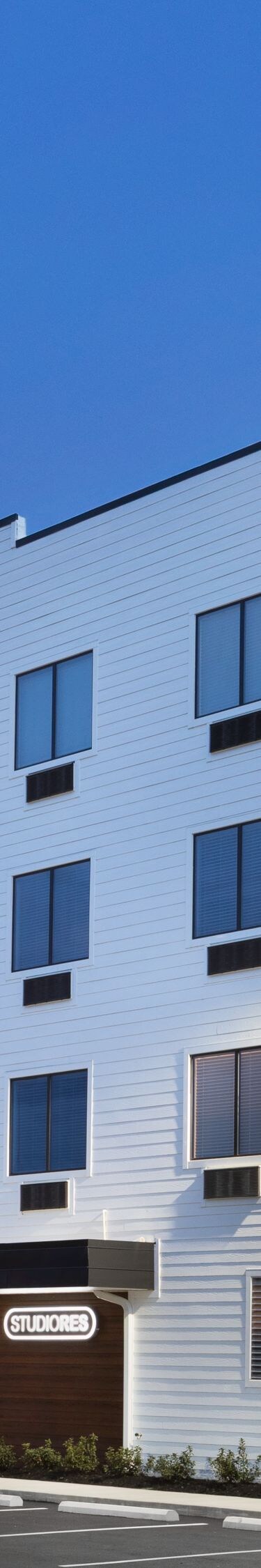 Apartment building exterior in evening
