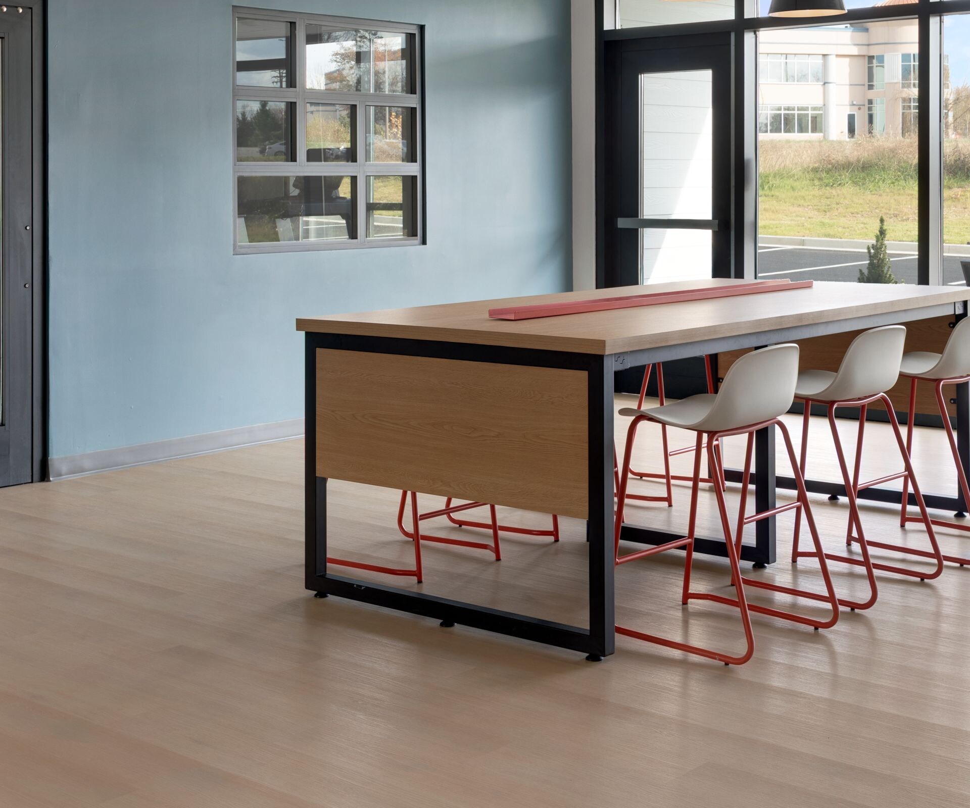 Communal lounge with seating, dining table