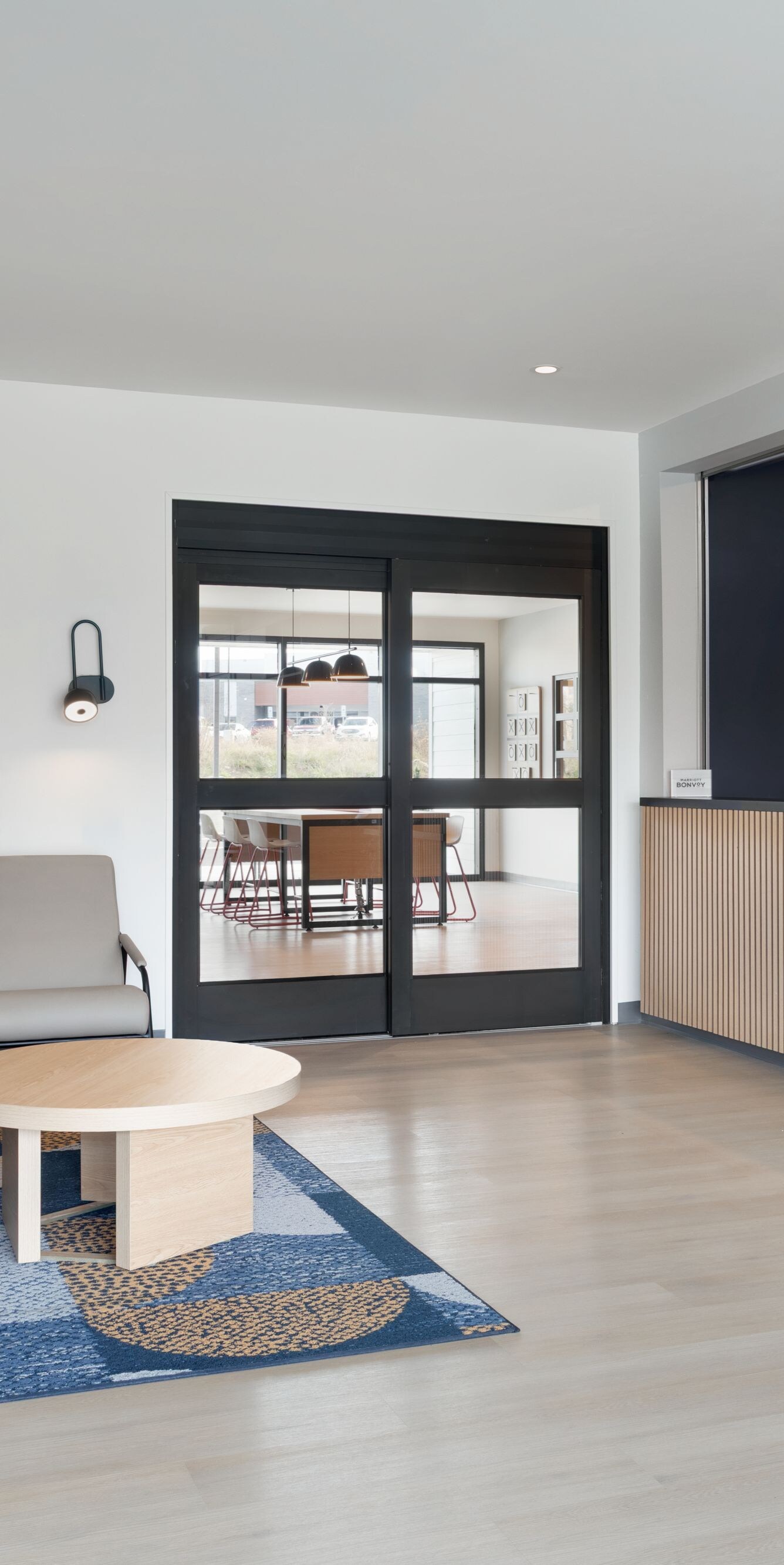 Modern lobby with seating and front desk