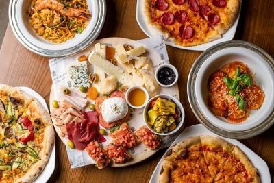 spread of pizza, and pasta