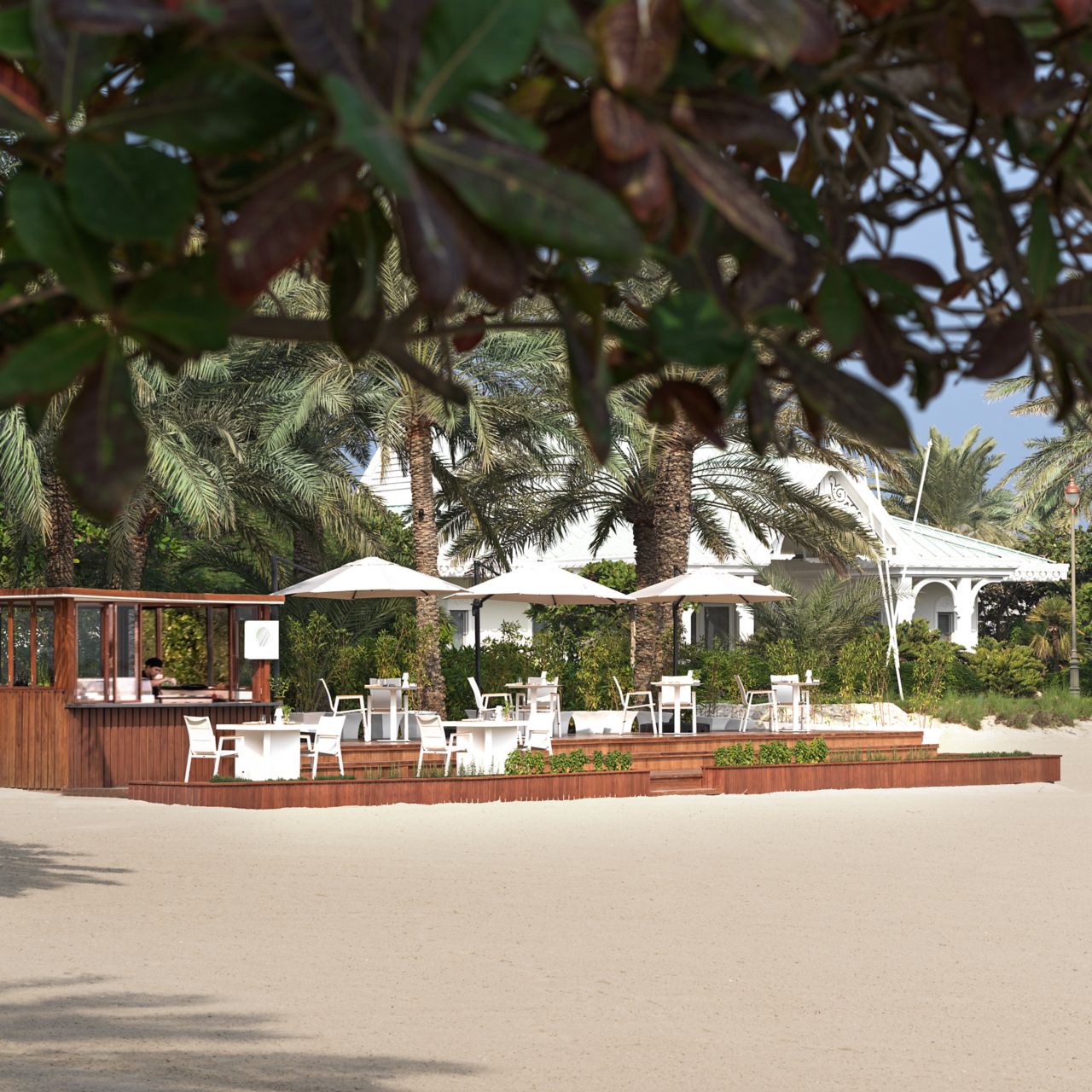 Outdoor dining setup on the beach