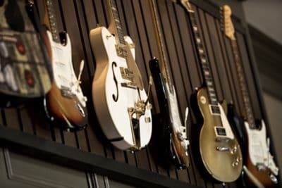 Guitars hanging on wall
