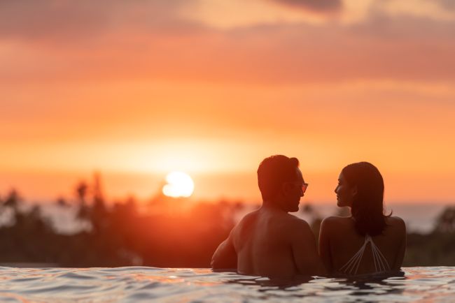 sunset, couple, pool, romance