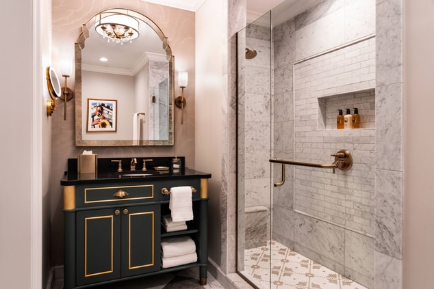 Bathroom and walk in shower of New Orleans hotel