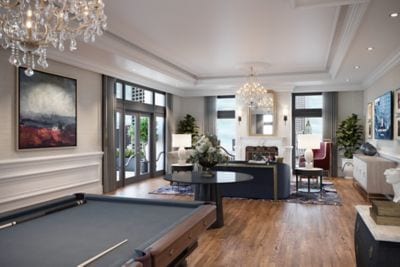 suite living area with pool table and fireplace