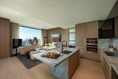 Penthouse kitchen, living room, city views