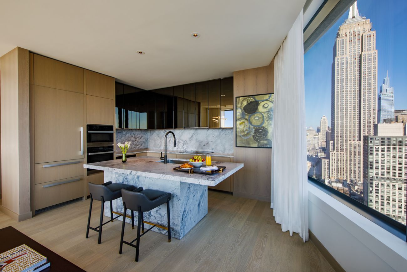 Penthouse kitchen, city views