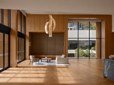 Elizabeth Quay Foyer, couch, chair, timber space