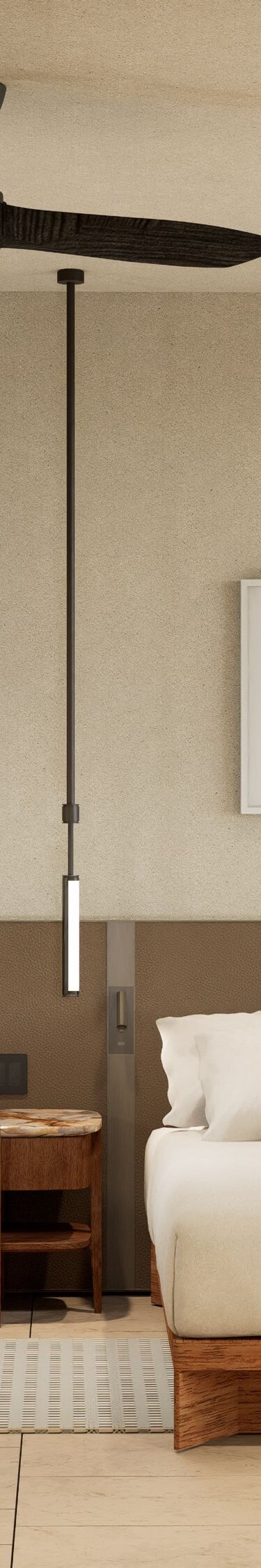 Elegant guest room with two beds and natural wood 