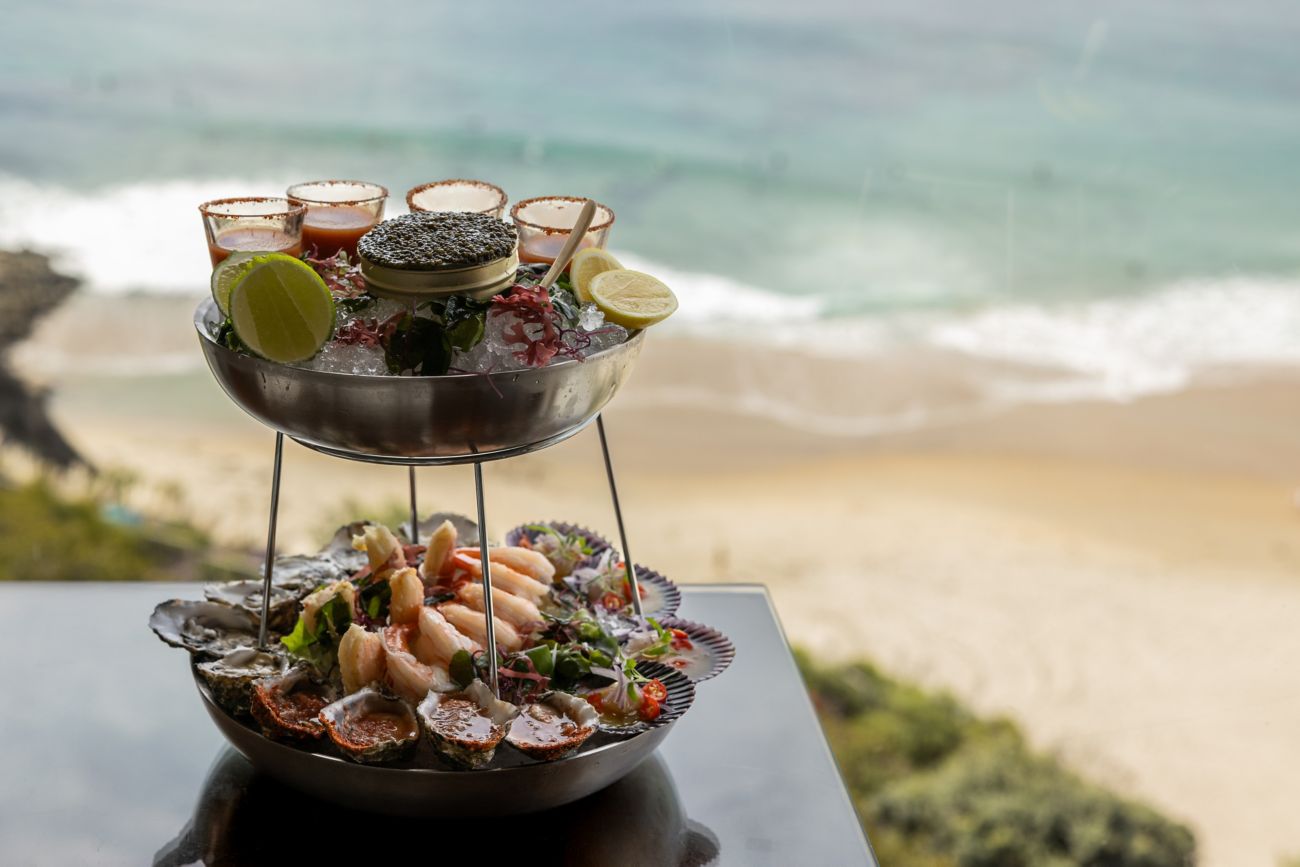 Seafood tower with ocean back drop