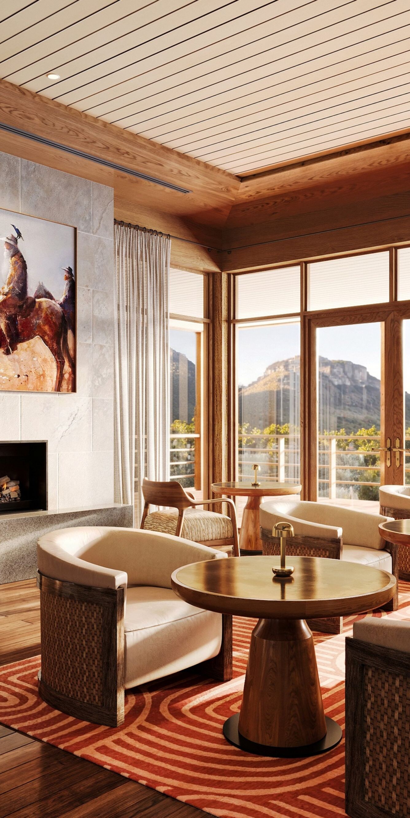 Lounge with fireplace and valley views