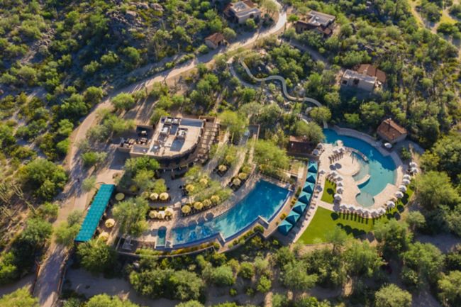Aerial view of pools and spa