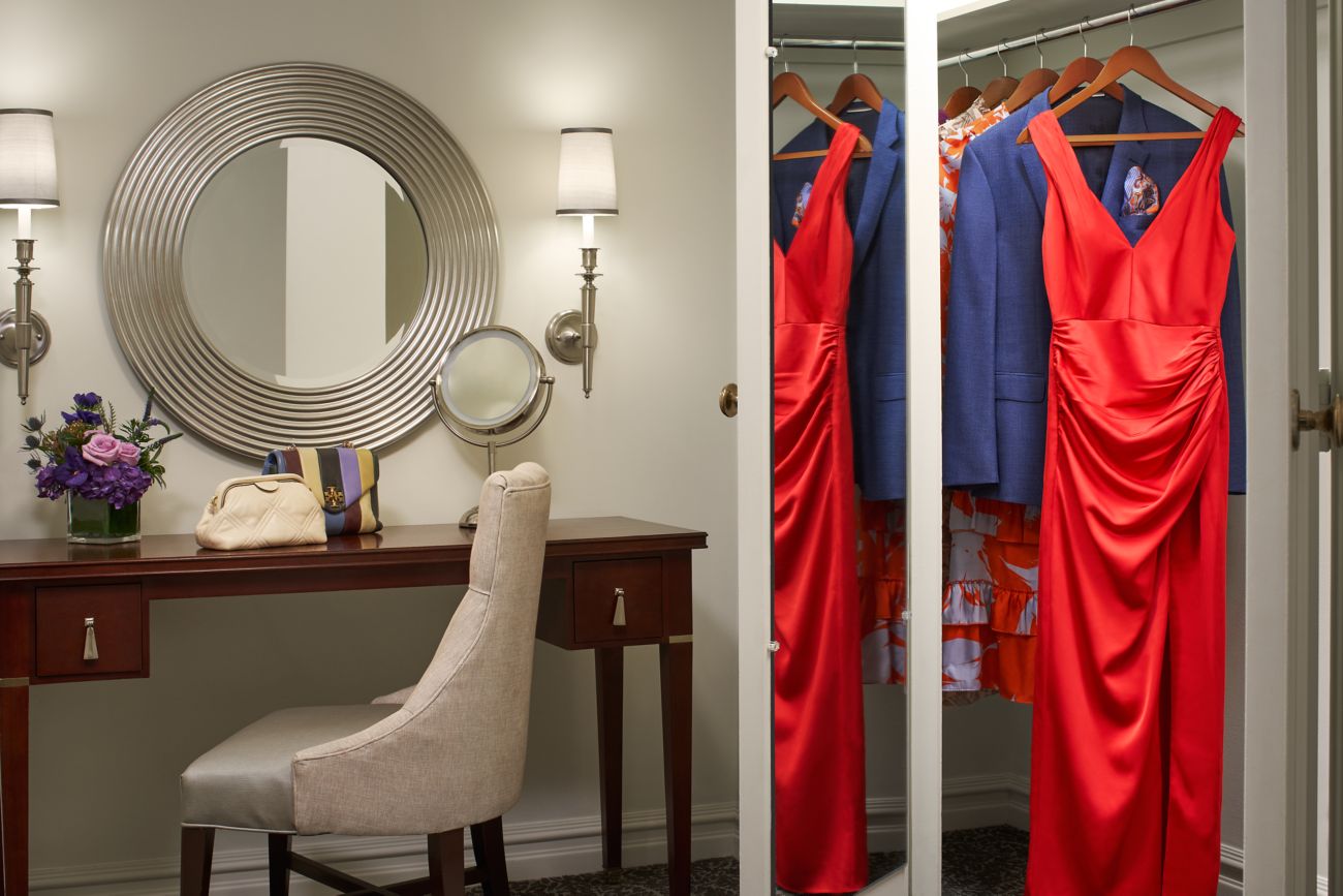 desk, chair, mirror, closet, red dress