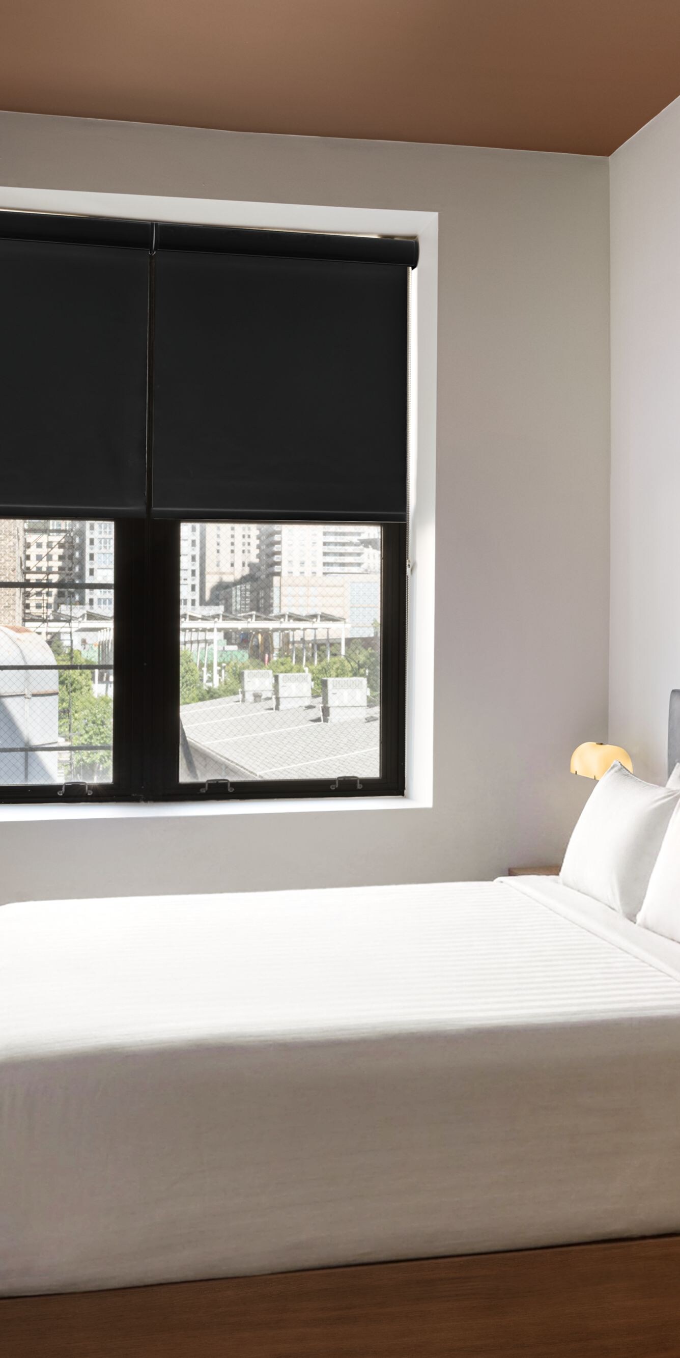 queen bed, nightstand, tv, and windows