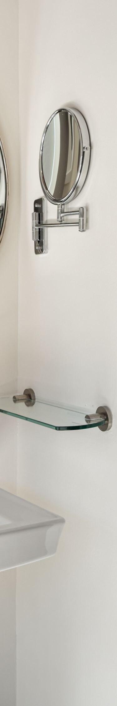 vanity, round mirror, walk-in shower