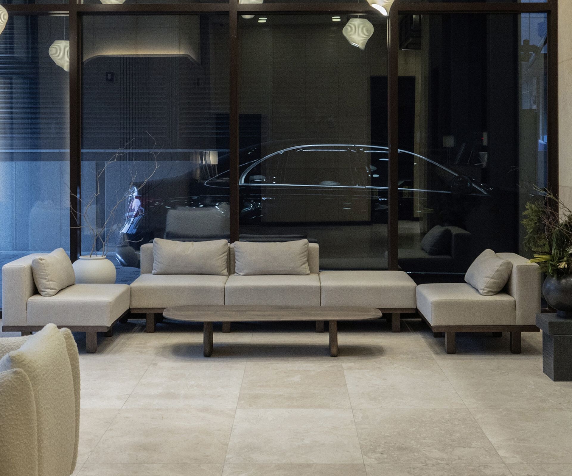 Lobby with modern seating and lighting