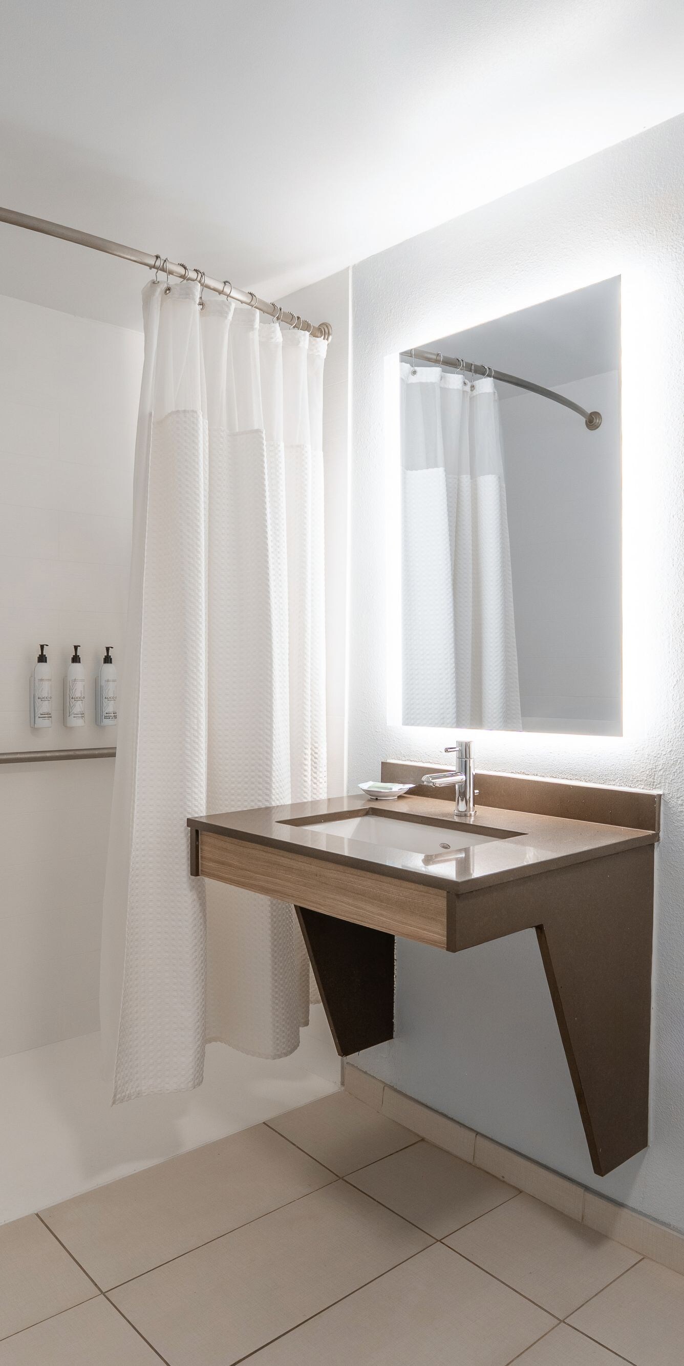 Accessible Roll-In Shower with bulk amenities.