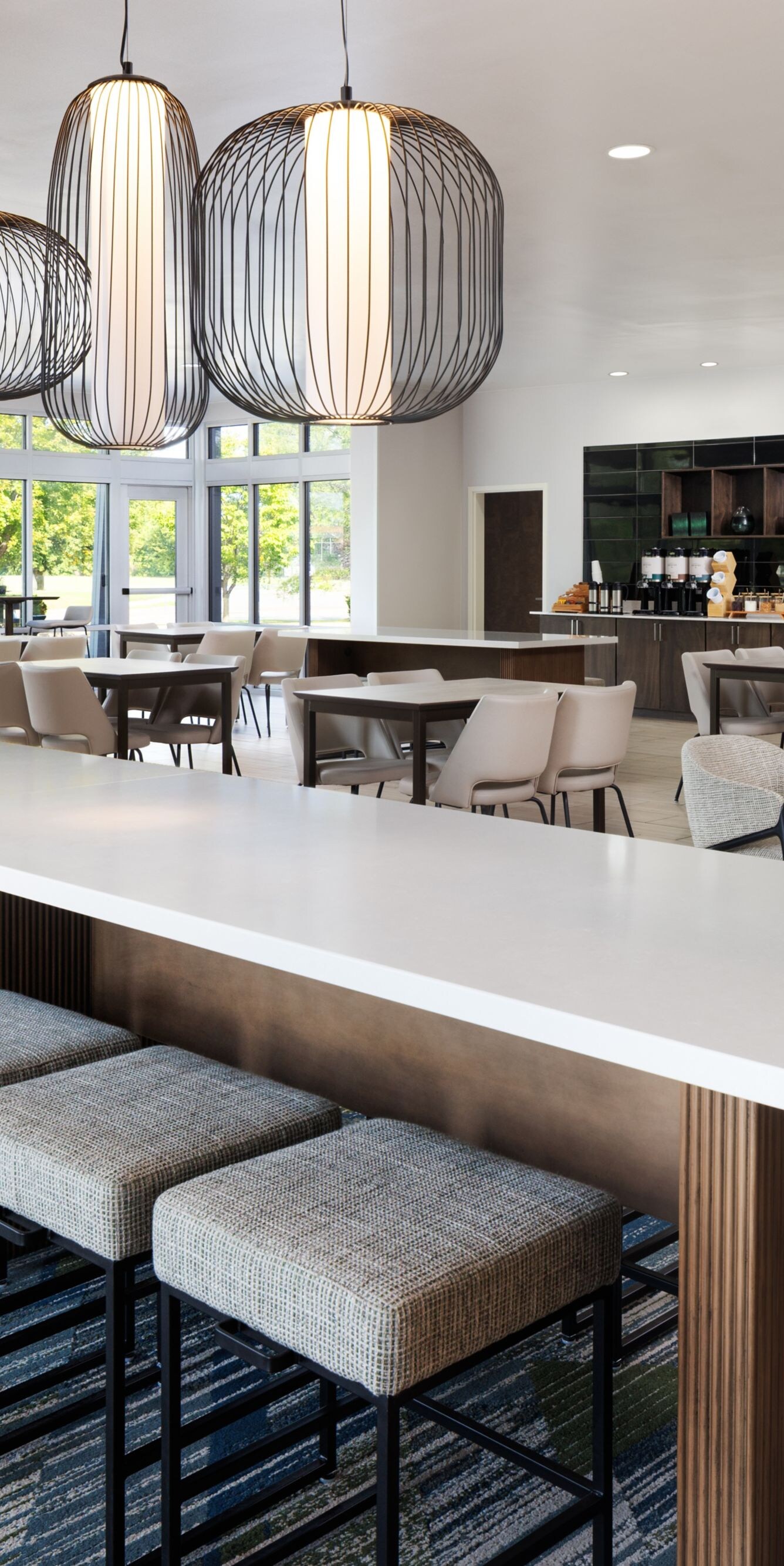 Dining area with modern pendant lighting