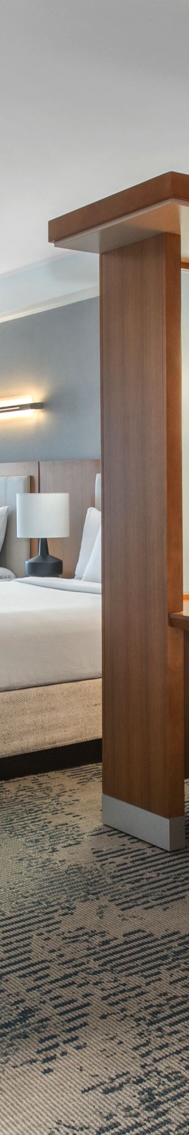 Modern guest room with desk and bed
