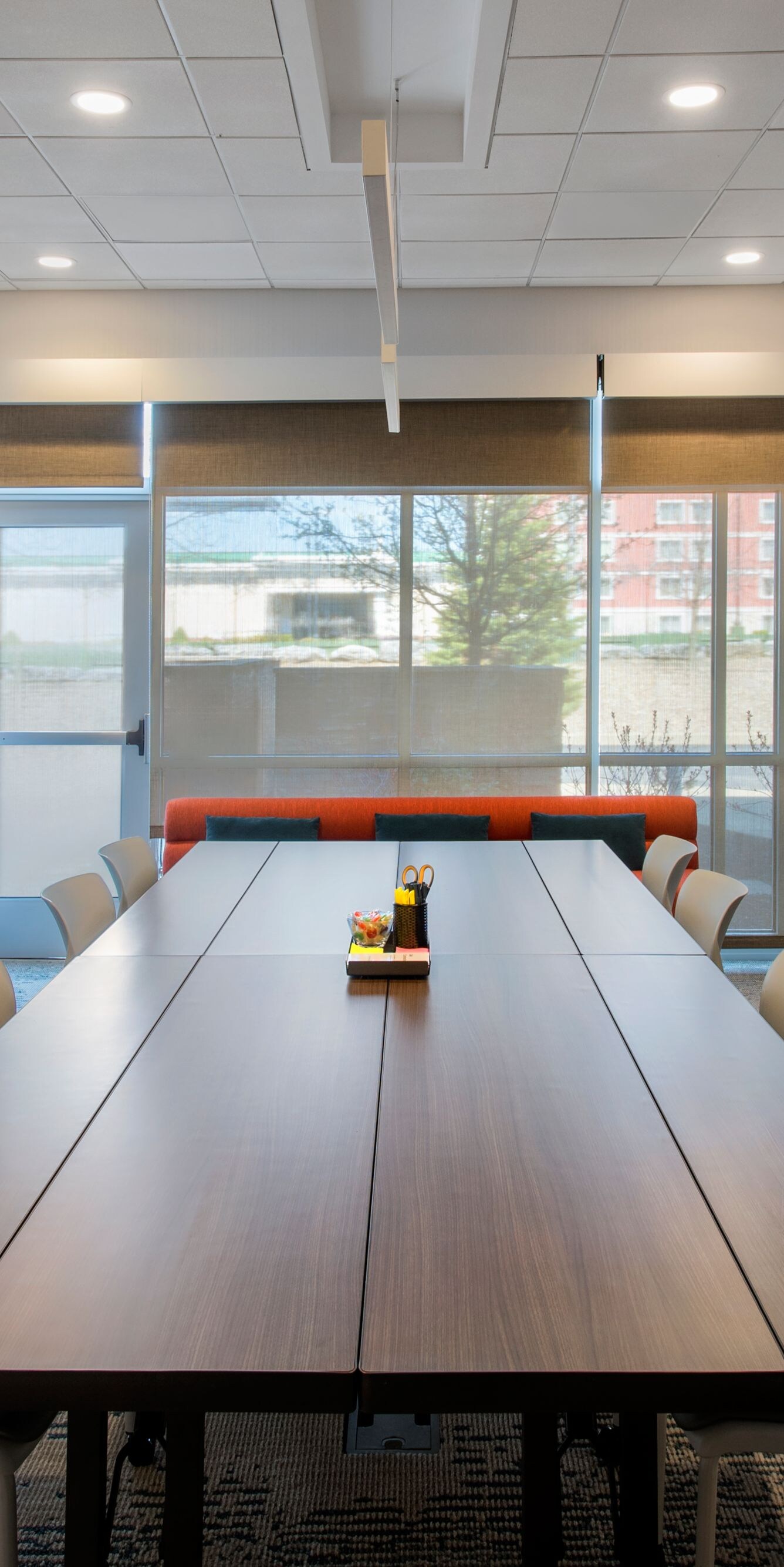 Meeting room with conference boardroom-style setup