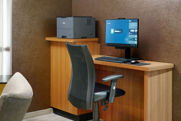 computer, desk, chair, printer