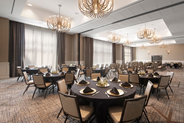 large banquet space, round tables
