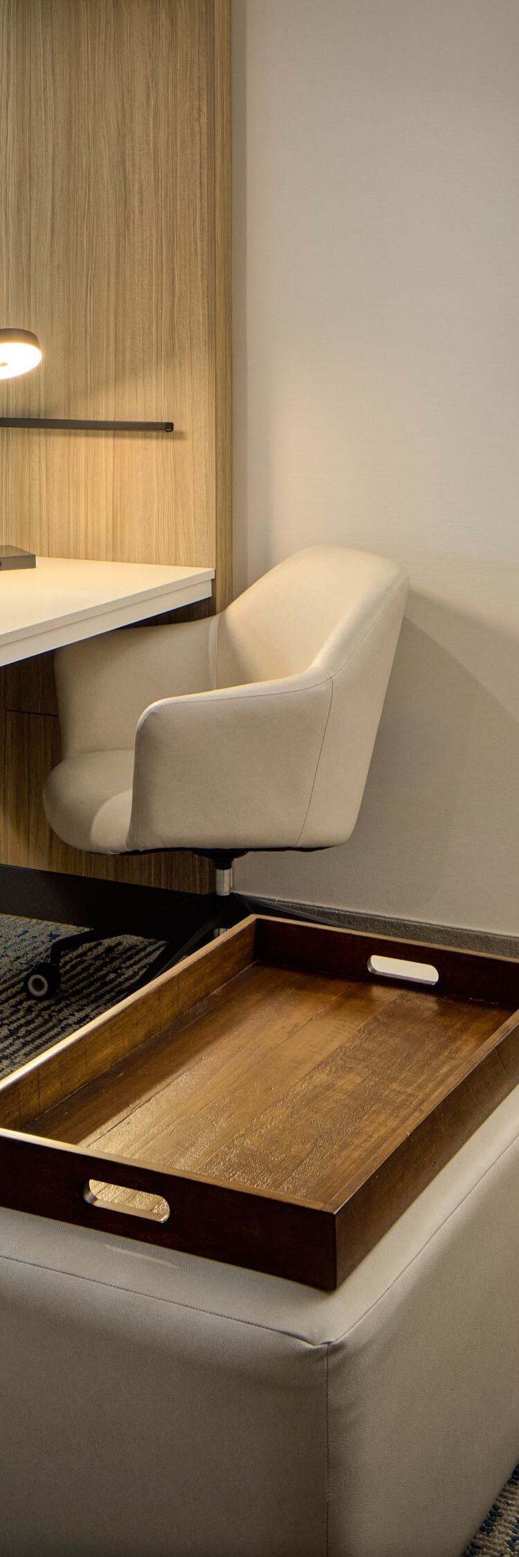sofa, work desk, and two queen beds