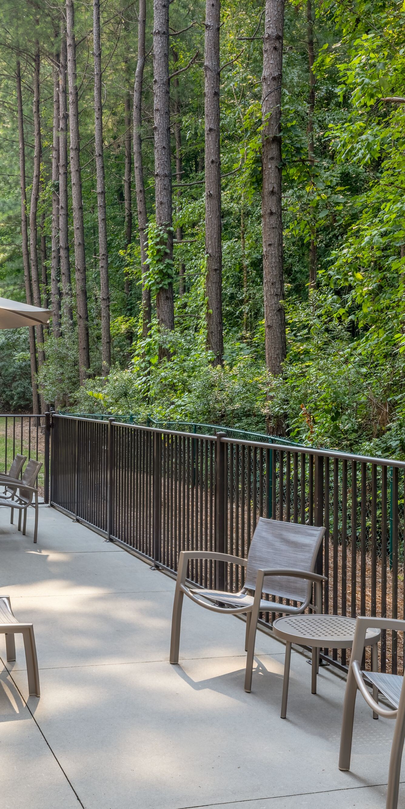 Outdoor patio with chairs and umbrella seating