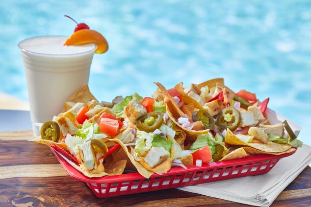 chicken nachos with  toppings & frozen drink