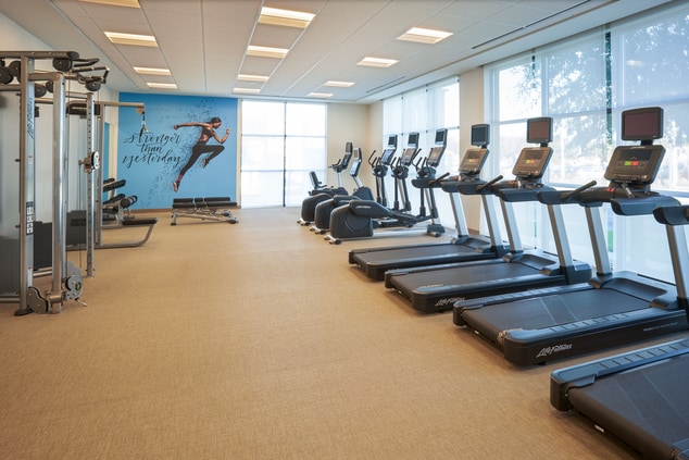 Fitness center, treadmills, weights, exercise bike