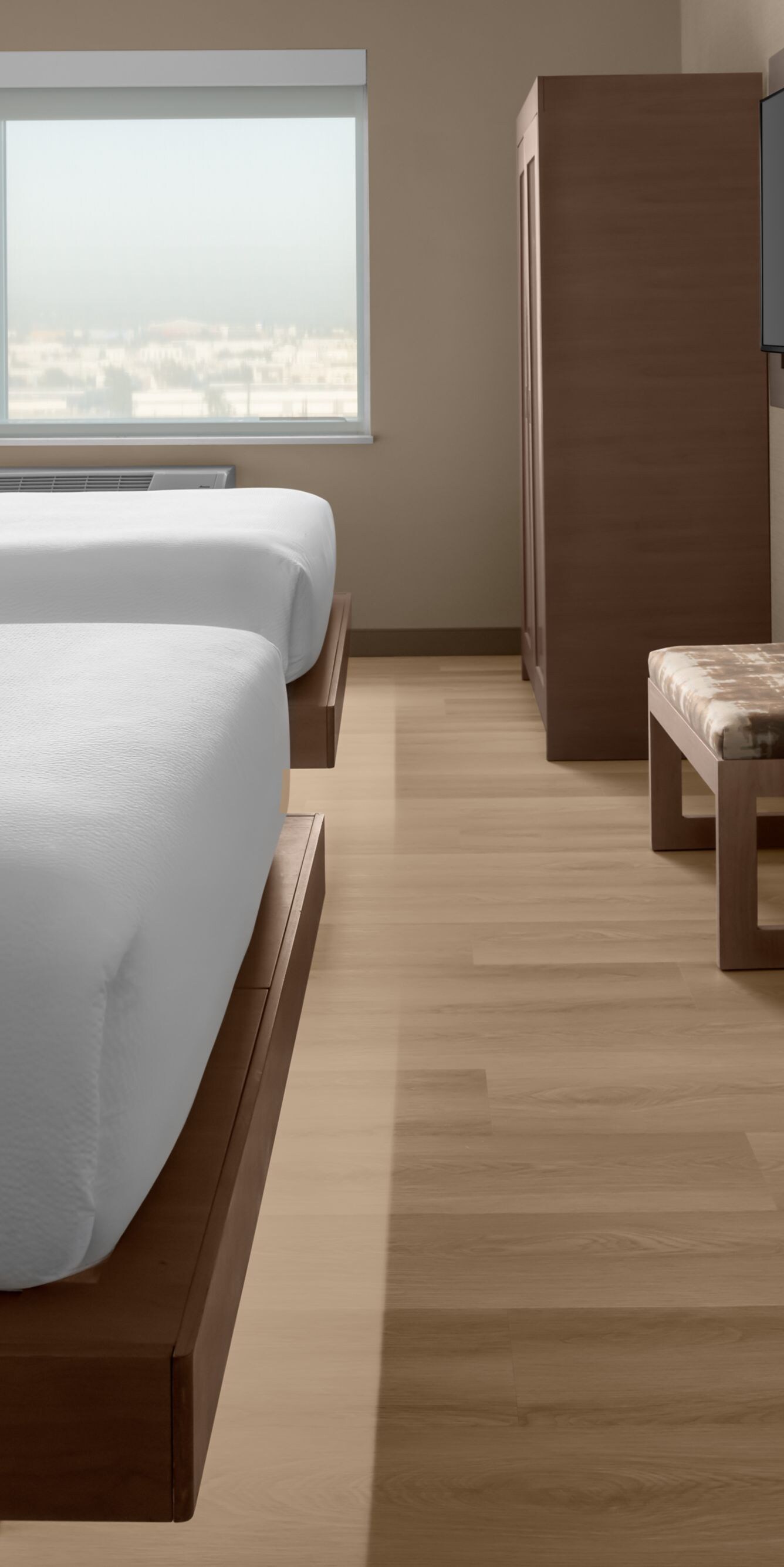 Two queen beds, TV, and wardrobe