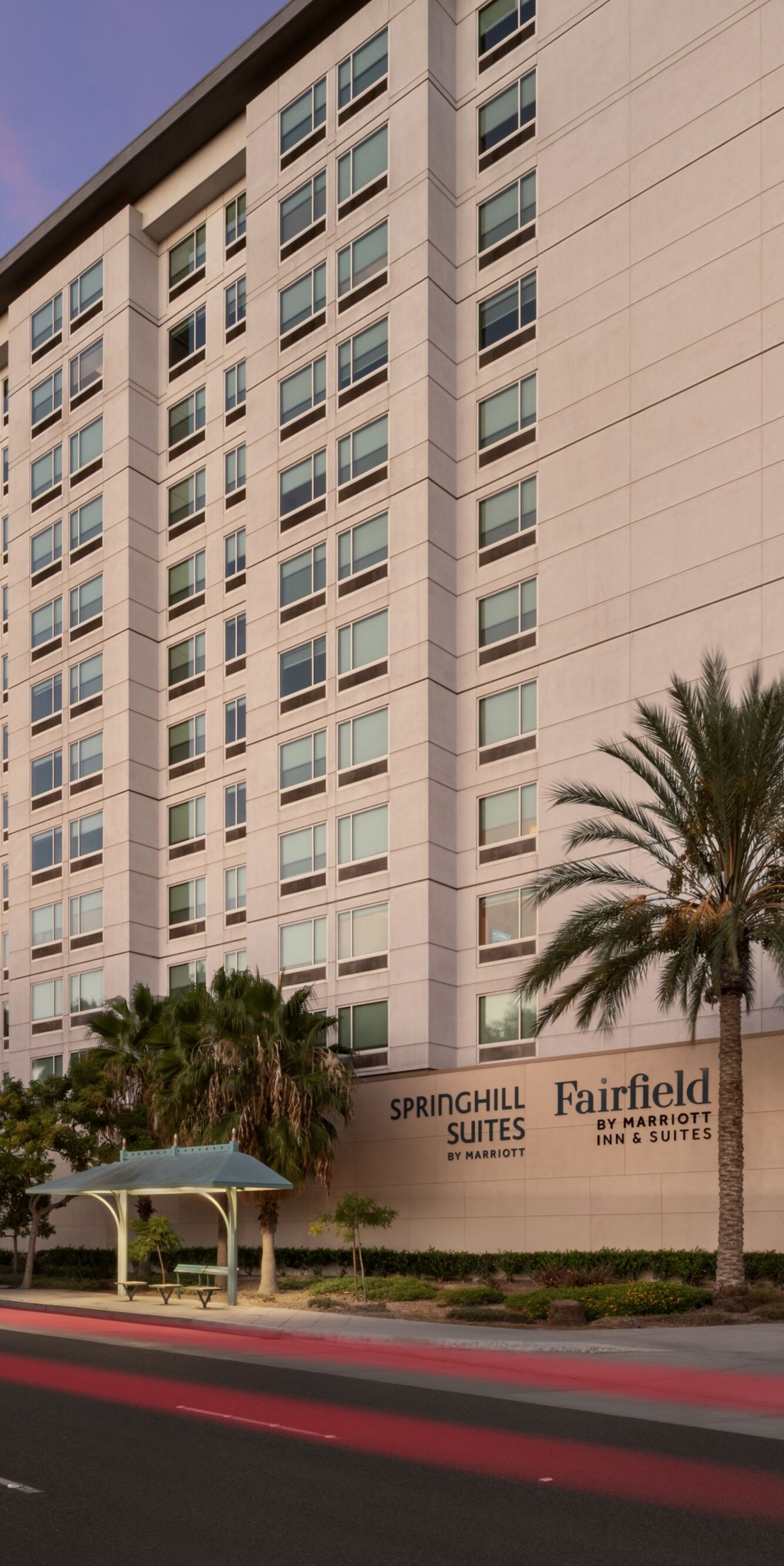 Illuminated hotel exterior at dusk