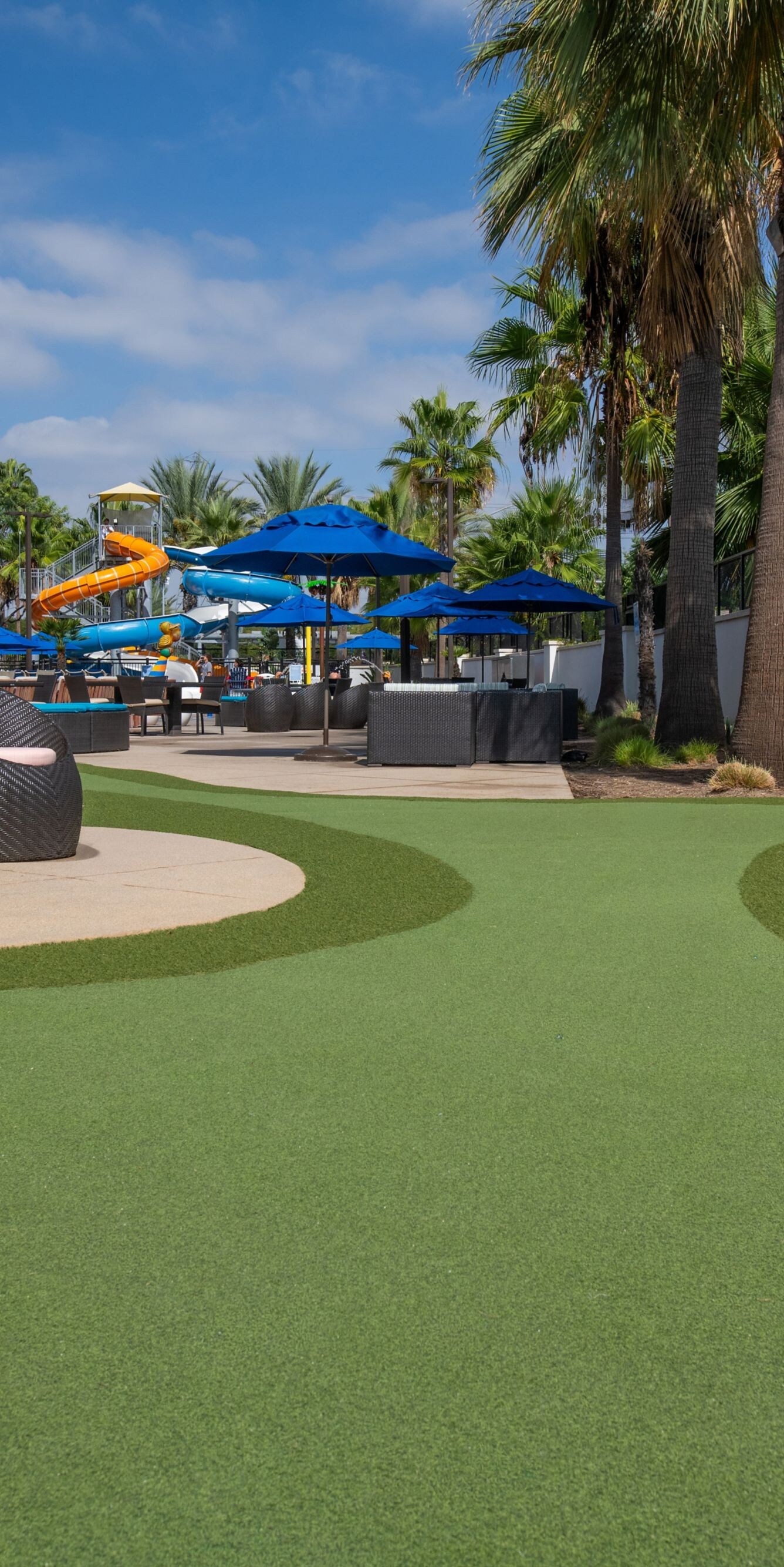 Outdoor mini golf green and seating