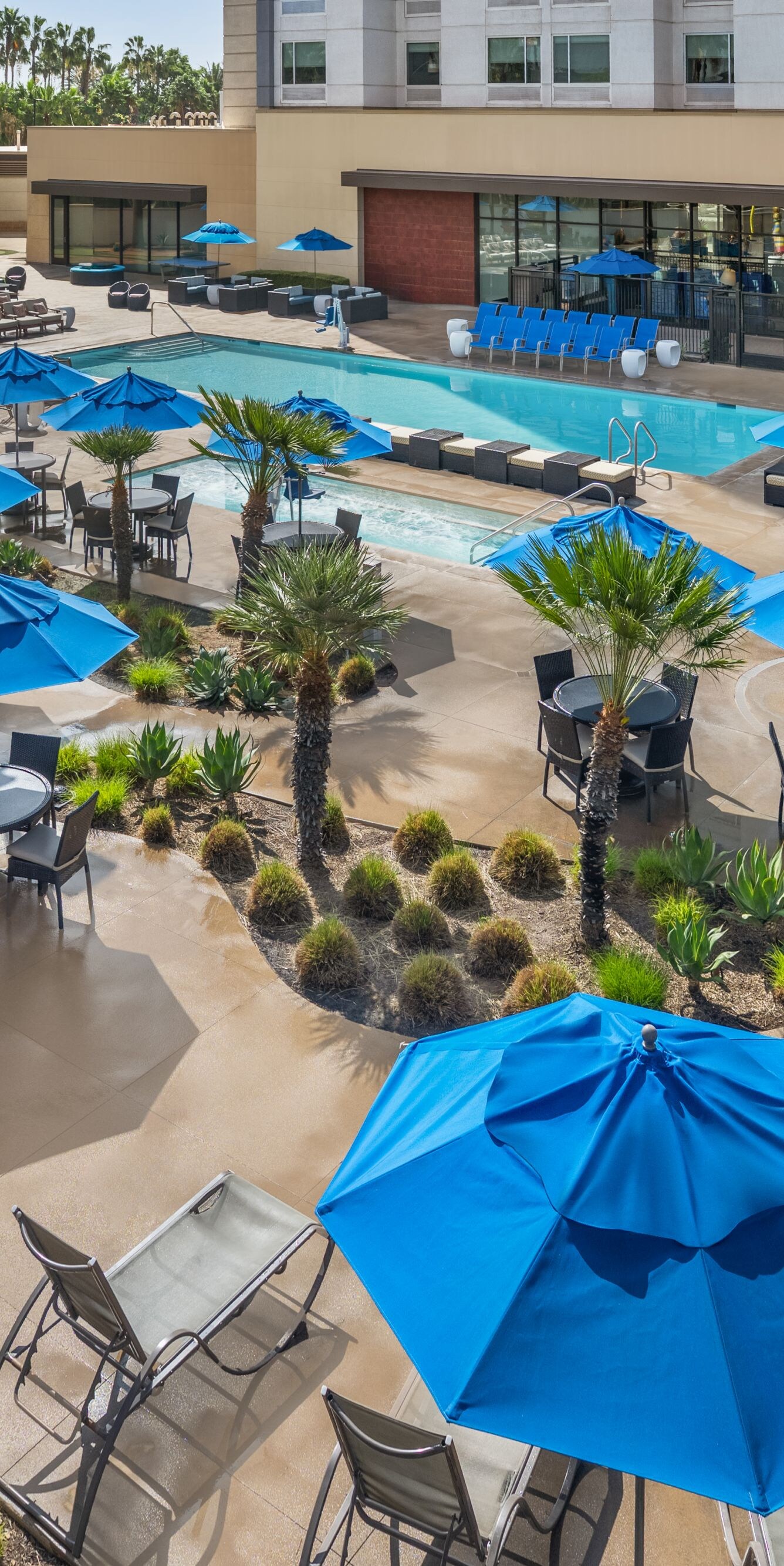 Outdoor pools and courtyard from above