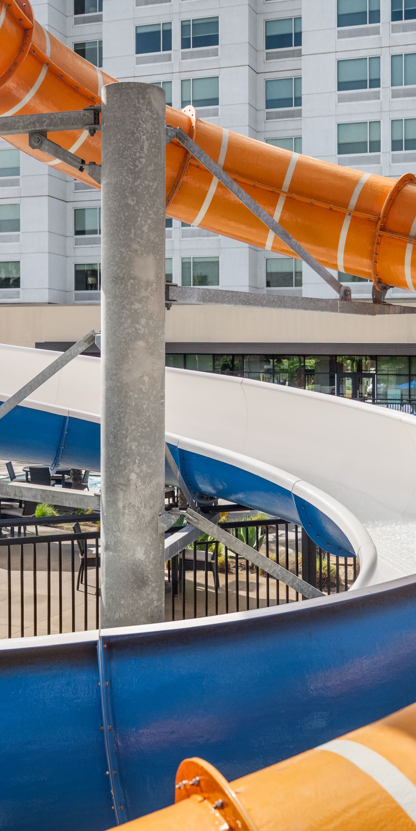 Two colorful water park slides