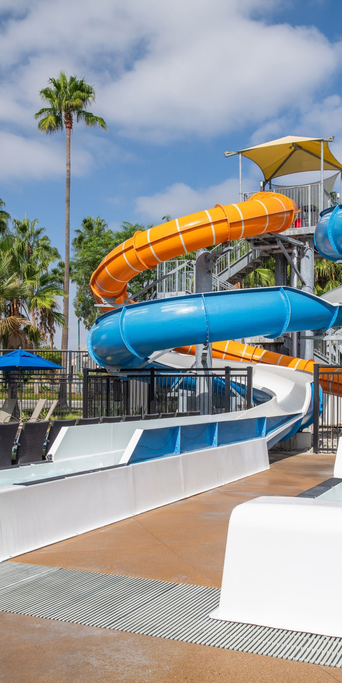 Water slides exit to the splash area