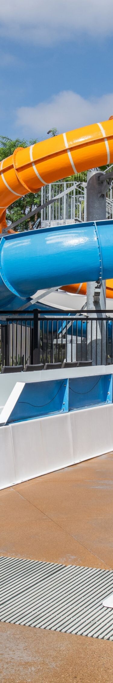 Water slides exit to the splash area