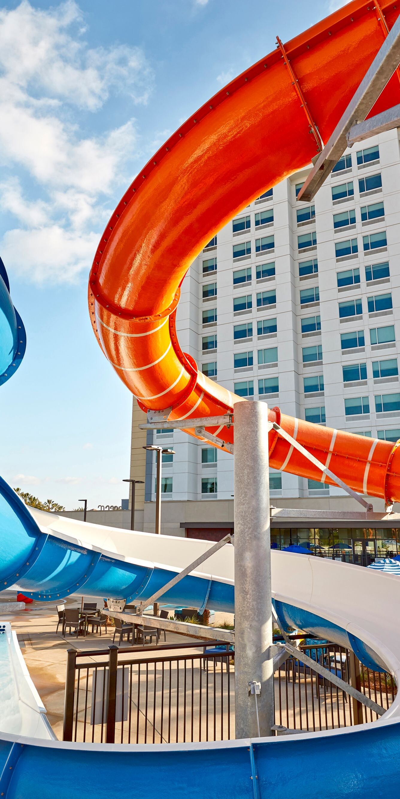 Waterslide leading to outdoor pool area