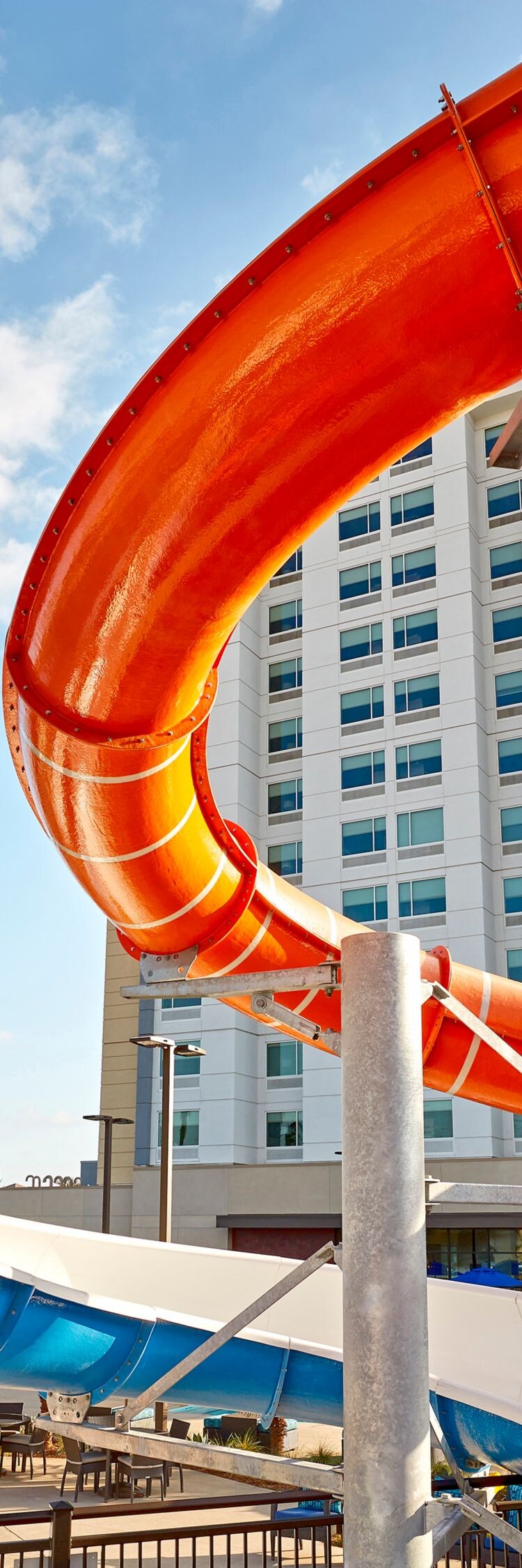 Waterslide leading to outdoor pool area