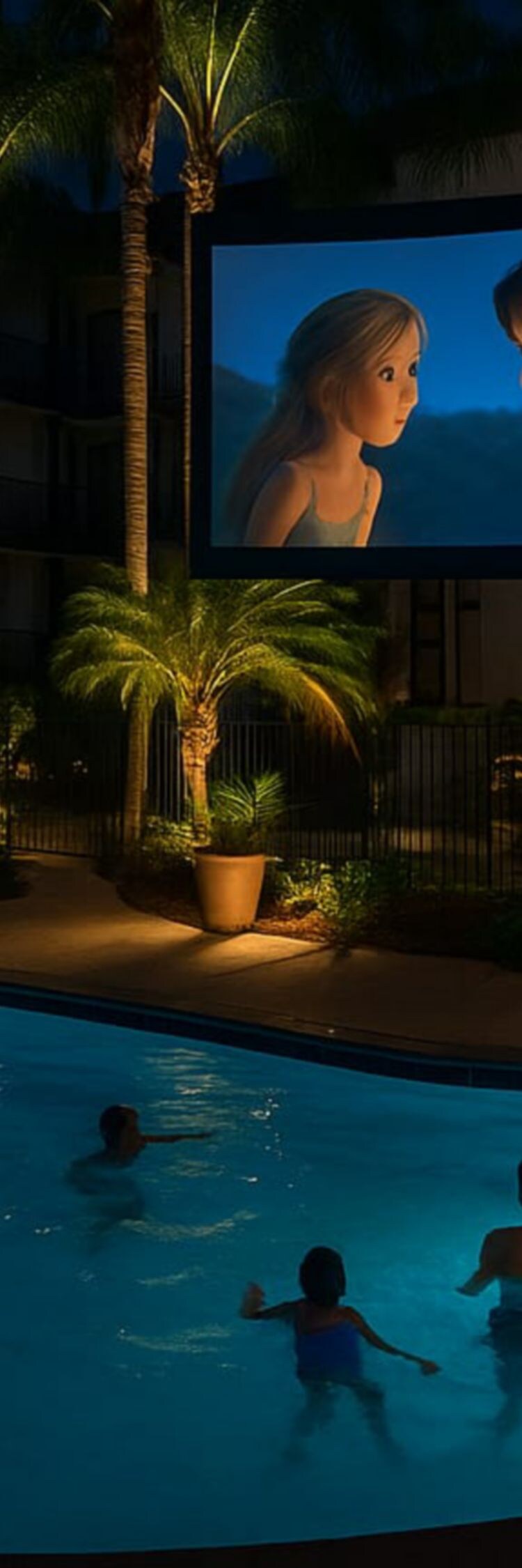 people watching a movie by the pool.