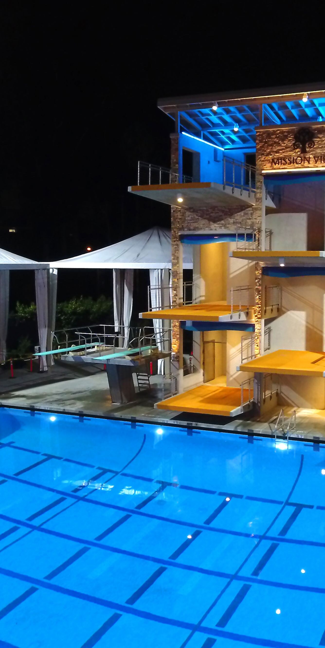 Night view of pools at Marguerite Aquatics Complex