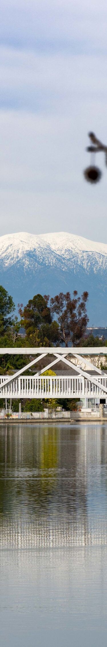 white pedestrian bridge over calm water
