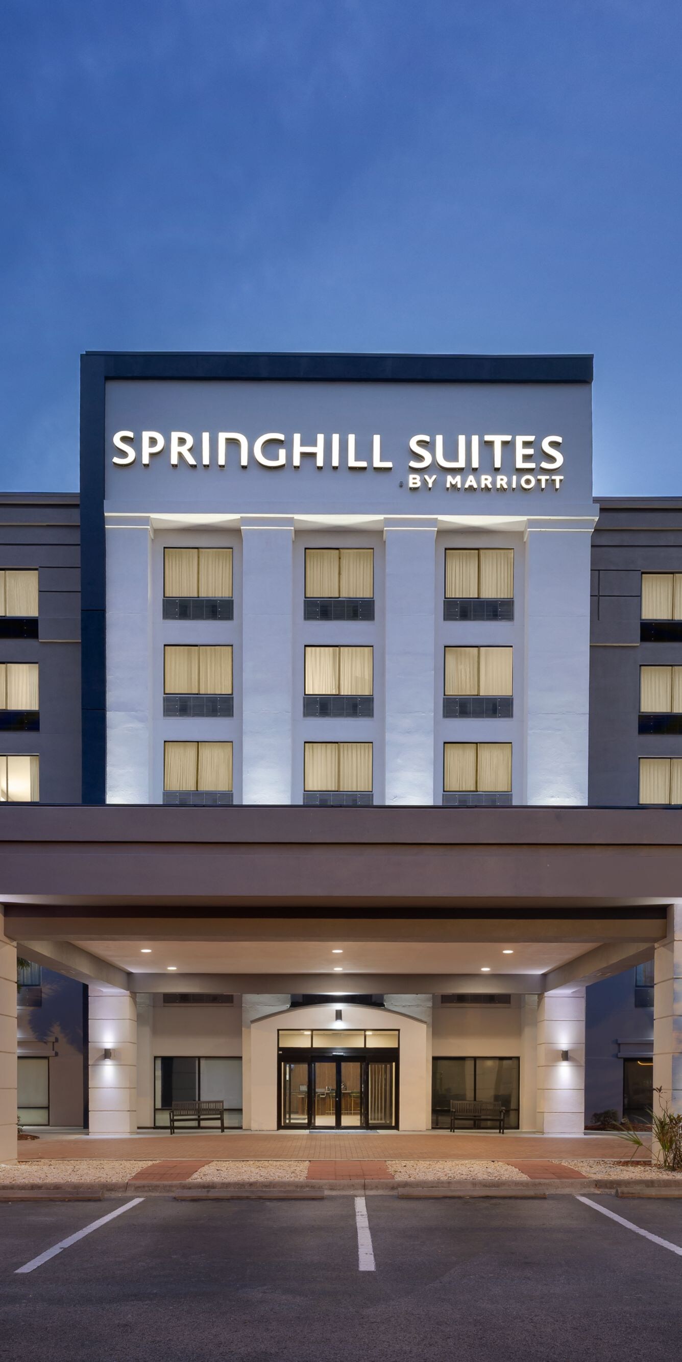 Exterior of hotel in evening