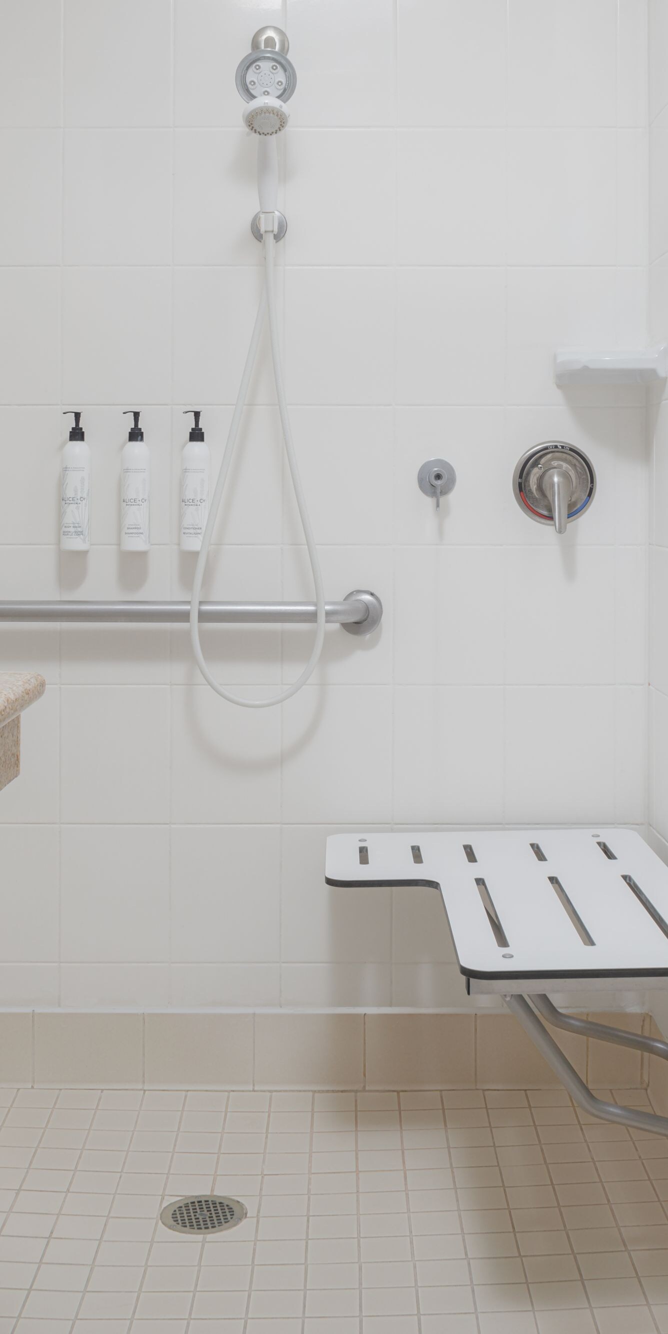 Roll-in shower with grab bars and seating